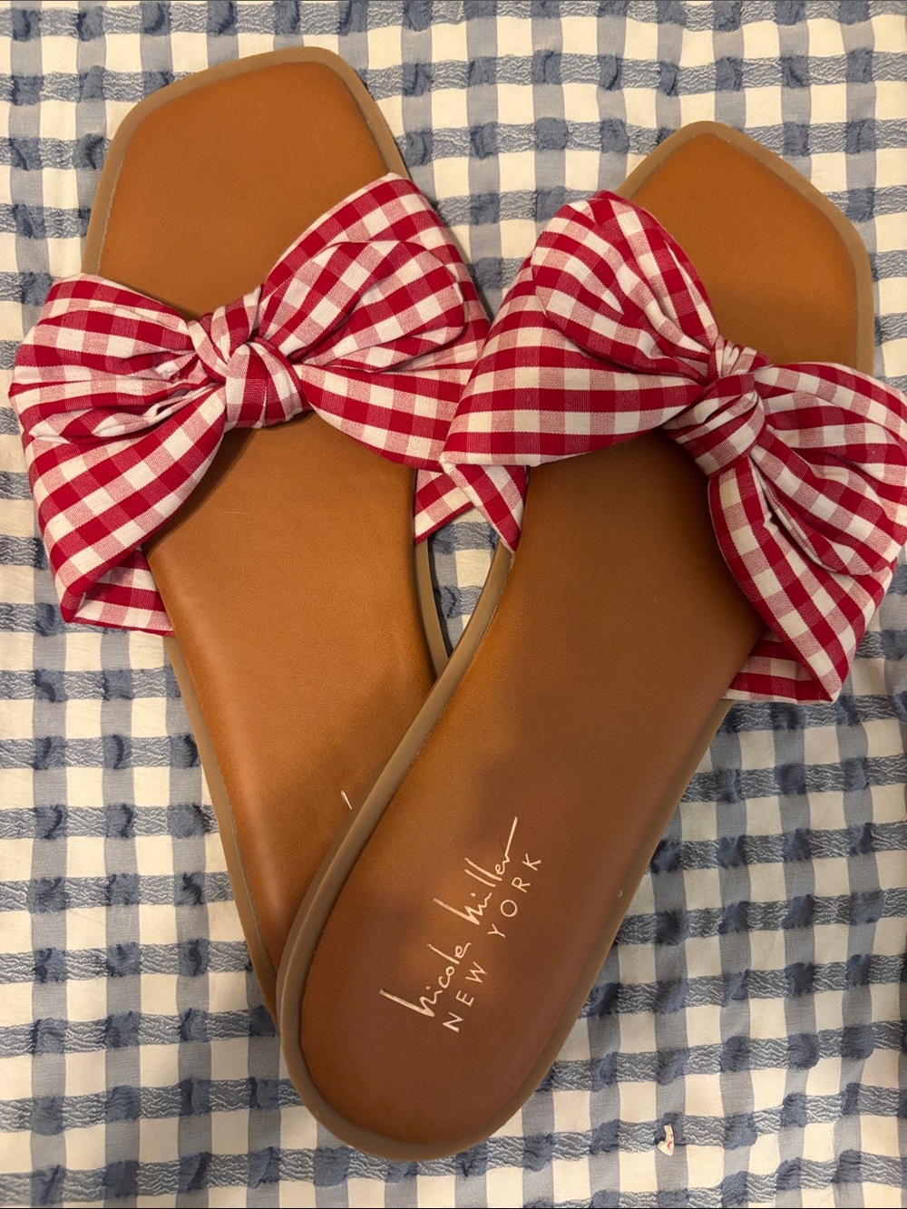 Nicole Miller Red and White Gingham Bow Slide Sandals